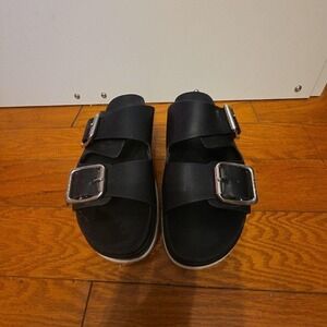 J/SLIDES NYC Sandals Womens Size 9 Black Leather Double Buckle Platform Slide